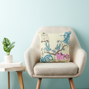 Aqua Rose Chaud Oiseaux Mme. Bride Oreiller