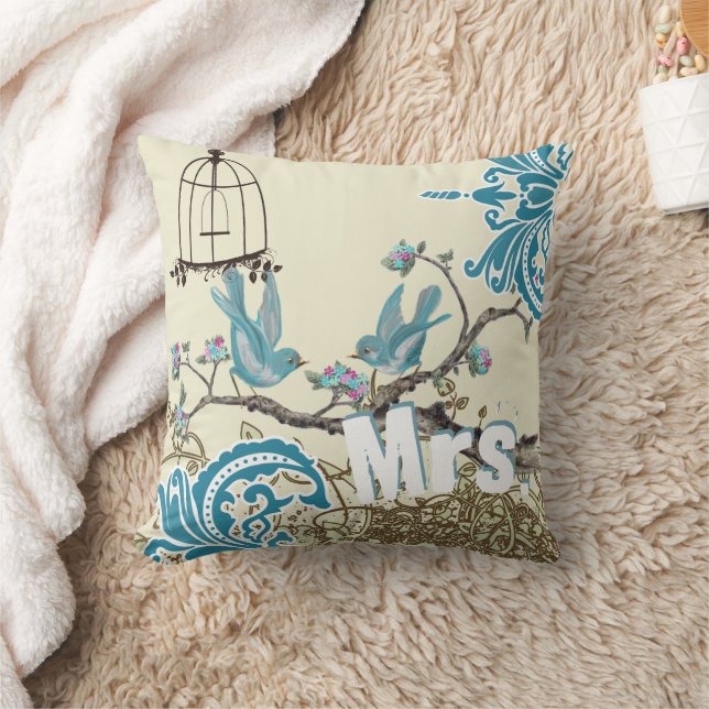 Aqua Rose Clair Oiseaux Mme. Bride Oreiller (Couverture)