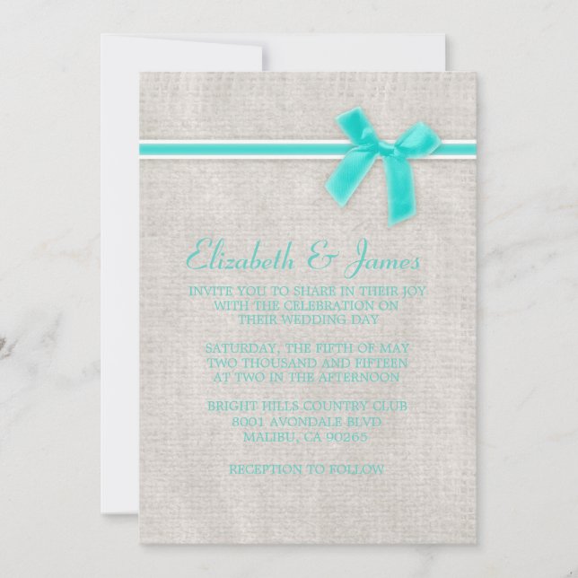 Aqua Rustic Burlap Invitations de mariage (Devant)