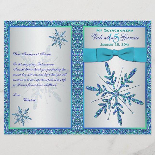 Aqua Silver Blue Snowflakes Programme Quinceañera (Devant)
