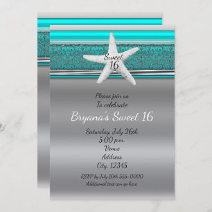 Aqua & Silver Starfish Beach Sweet 16 Invitations