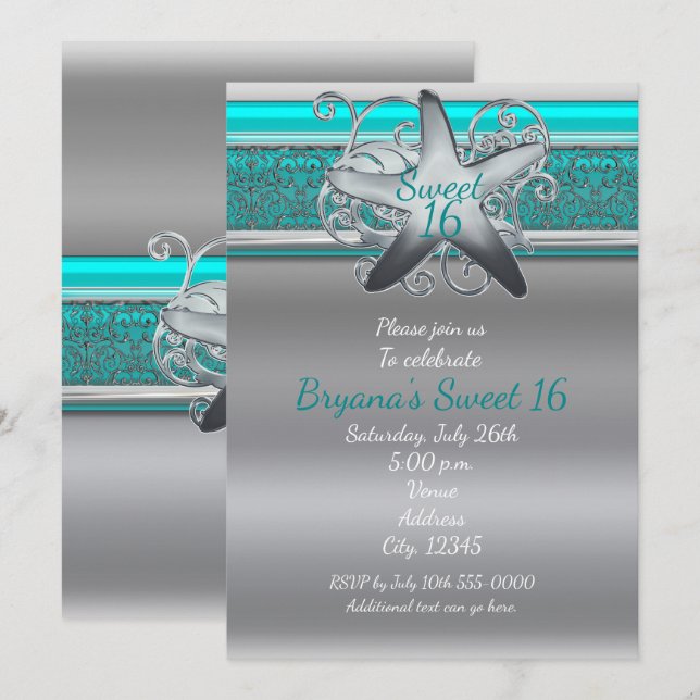 Aqua & Silver Starfish Plage Sweet 16 Invitations (Devant / Derrière)