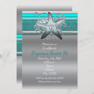 Aqua & Silver Starfish Plage Sweet 16 Invitations