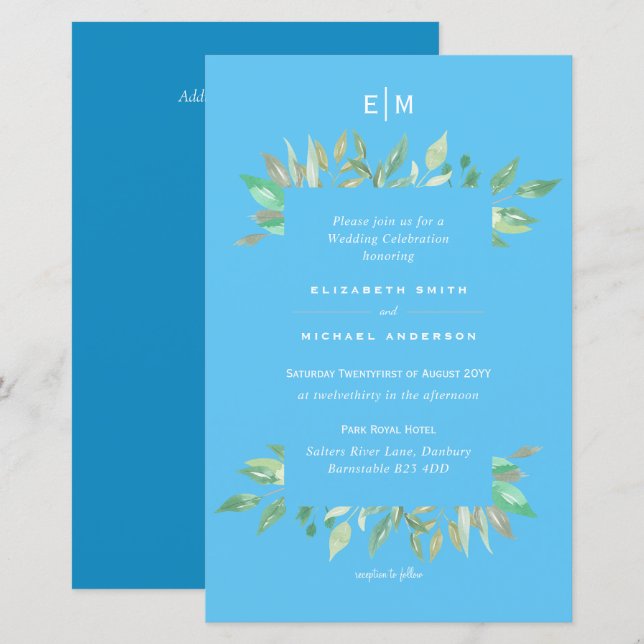 Aqua Sky Blue Floral Budget Mariage Inviter A9 (Devant / Derrière)