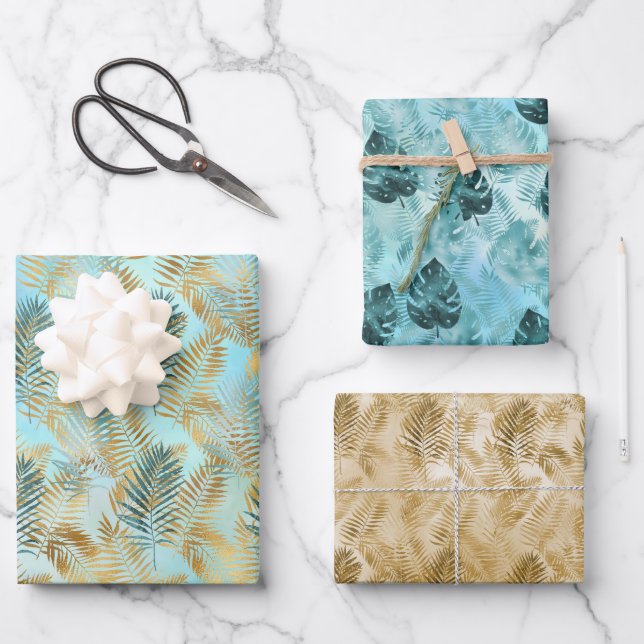Aqua Sky Green Gold Feuilles Tropicales         (Recto)