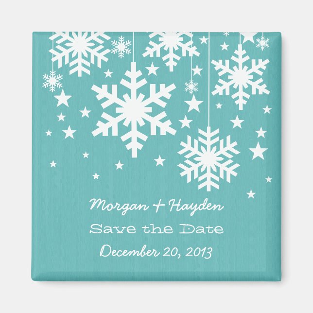 Aqua Snowflakes and Stars Save the Date Magnet (Devant)