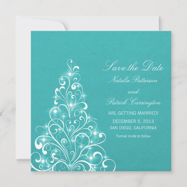 Aqua Sparkly Holiday Tree Save the Date Invitation (Devant)
