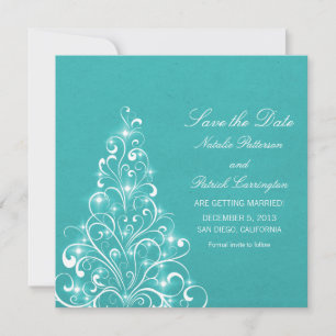 Aqua Sparkly Holiday Tree Save the Date Invitation