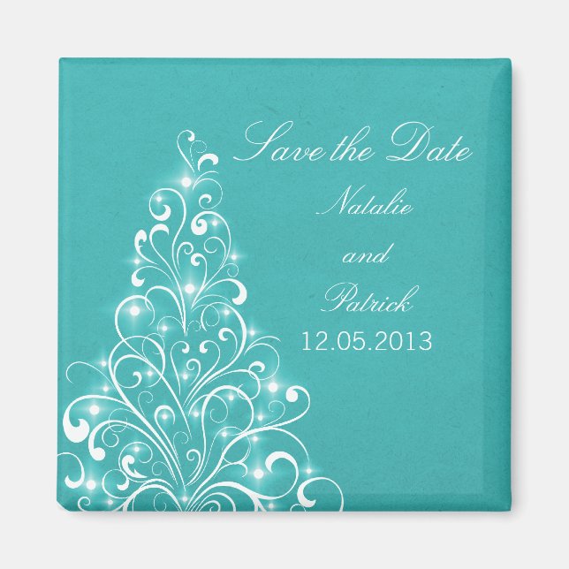 Aqua Sparkly Holiday Tree Save the Date Magnet (Devant)
