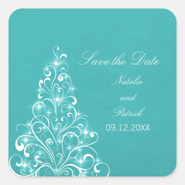 Aqua Sparkly Holiday Tree Save the Date Stickers (Devant)