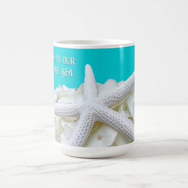Aqua Starfish Floral Beach House Mug personnalisé (Centre)
