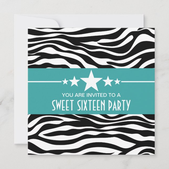 Aqua Stars Zebra Print Sweet 16 Invitation (Devant)