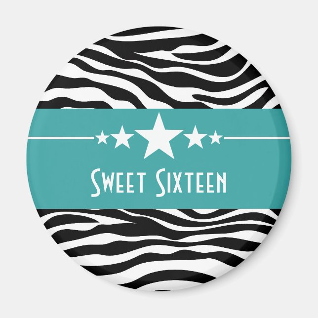 Aqua Stars Zebra Print Sweet 16 Magnet (Devant)