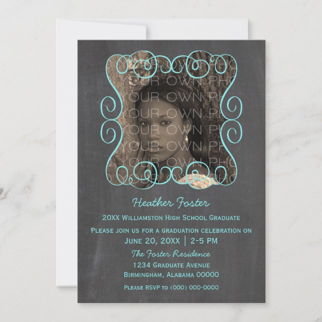 Aqua Swirls Chalkboard Photo Invitation (Devant)