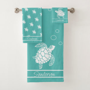 Aqua Turquoise bleu Monogramme Turtle de mer blanc