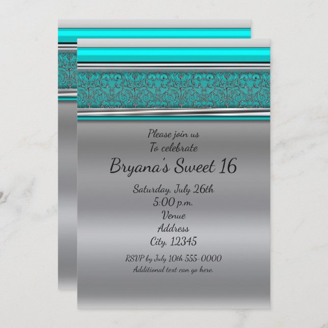 Aqua Turquoise Blue & Silver Sweet 16 Invitations (Devant / Derrière)