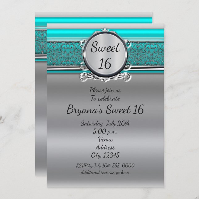 Aqua Turquoise Blue & Silver Sweet 16 Invitations (Devant / Derrière)