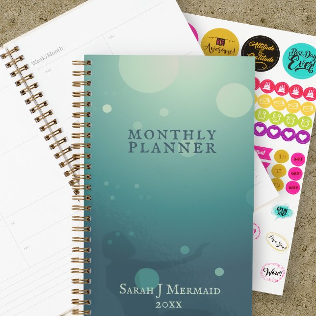Aqua Underwater Mermaid Brain Dump Monthly Planner (Add your name to this teal green mermaid planner )
