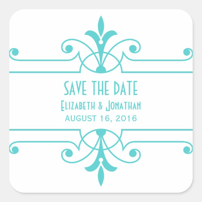 Aqua v2 Fancy Ornamental Save Date Stickers (Devant)