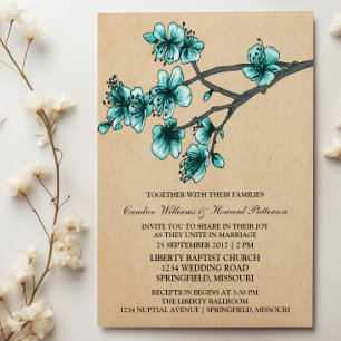 Aqua Vintage Cerise Fleurs Mariage Invitation