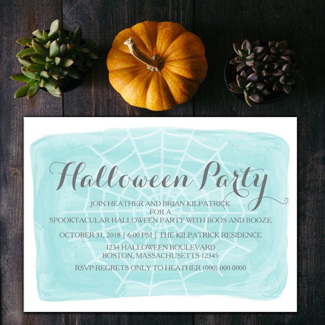 Aqua Watercolor Spider Web Halloween Invitation de (Aqua Watercolor Spiderweb Halloween Party Invite)
