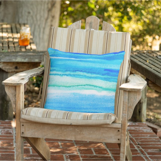 Aqua Waves Acrylique Aquarelle Coussin Abstrait (Chaise)