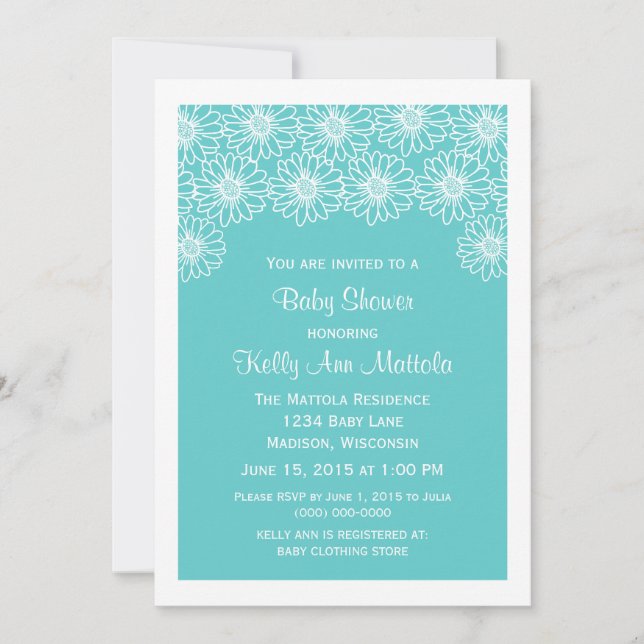 Aqua Whimsical Daisies Baby shower Invitation (Devant)