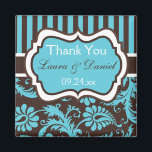 Aqua, White, Brown Damask Wedding Favor Magnet<br><div class="desc">This aqua blue,  white,  and brown stripes with damask wedding favor magnet matches the wedding invitation shown below. The text is all customizable so you can also change it to be a save the date magnet. If you need help customizing this,  email niteowlstudio@gmail.com for help.</div>