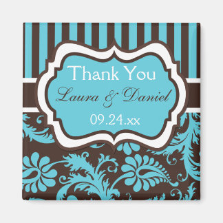 Aqua, White, Brown Damask Wedding Favor Magnet