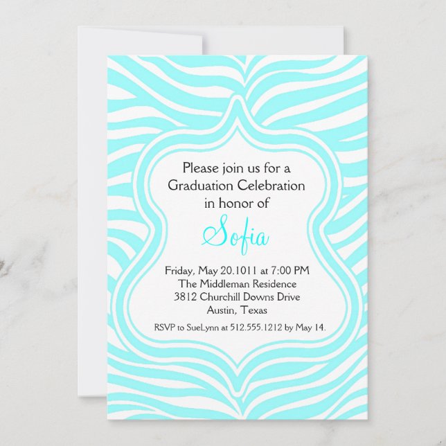 Aqua Zebra Graduation Invitation Couleur personnal (Devant)