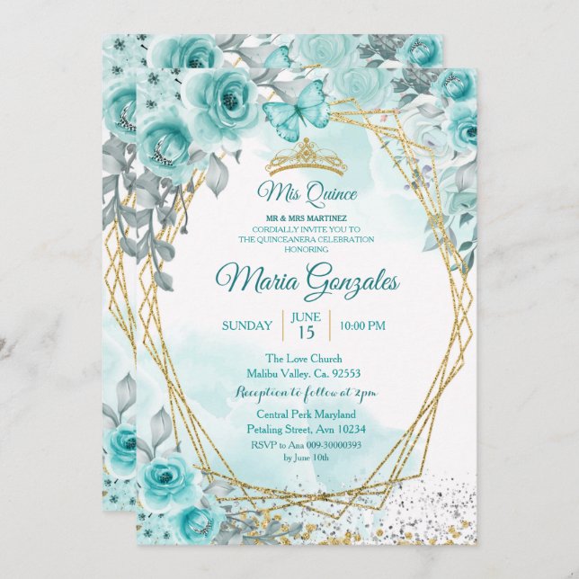 Aqual Turquoise Turquoise2 Mis Quince Invitation (Devant / Derrière)