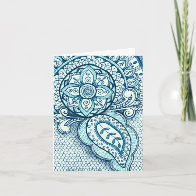 Aquamarine Blue Damask indien Mandala Merci (Devant)