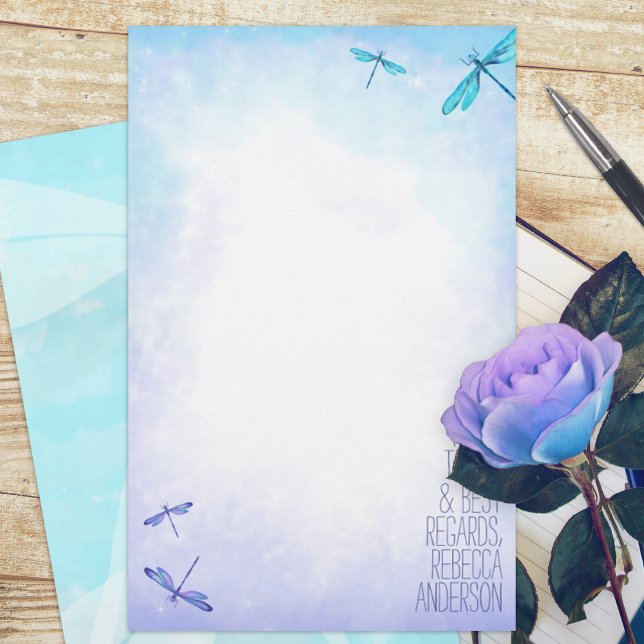 Aquamarine, Blue Dragonflies Stations Personnelles (turquoise aqua aquamarine purple dragonfly budget personalized letter writing stationary paper sheet)