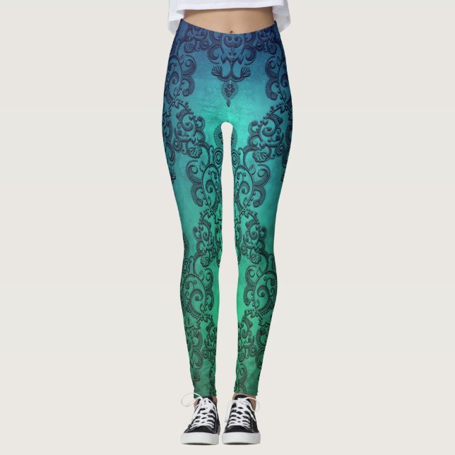 Aquamarine Dreams Damask Boho Style Leggings (Devant)