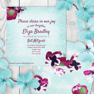 Aquamarine, Magenta Pansies Invitation Bat mitzvah