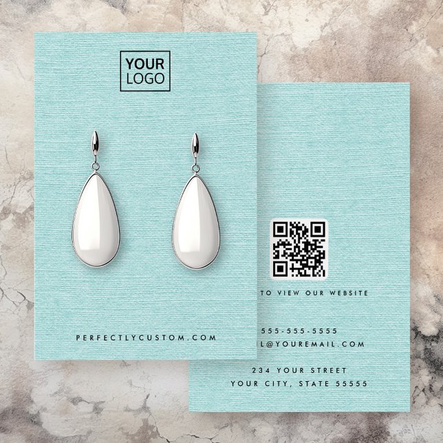 Aquara bleu lin look logo QR carte d'affichage d'o (Aqua blue linen look logo QR earring display card)