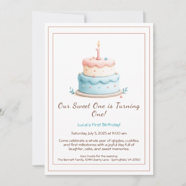 Aquarelle 1er anniversaire Invitation avec bougie  (Devant)