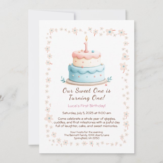 Aquarelle 1er anniversaire Invitation avec bougie  (Devant)