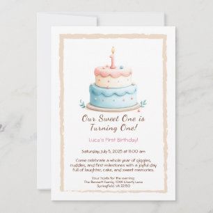Aquarelle 1er anniversaire Invitation avec bougie 