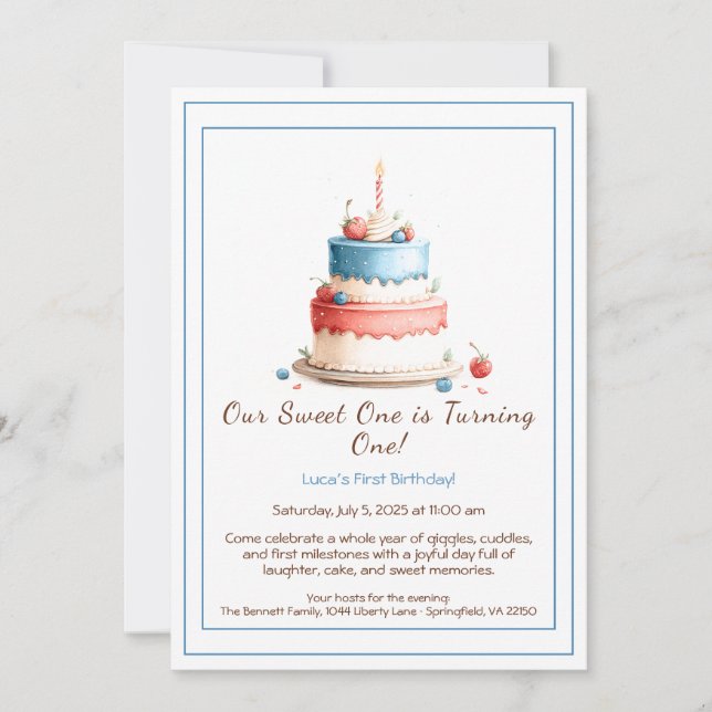 Aquarelle 1er anniversaire Invitation avec bougie  (Devant)