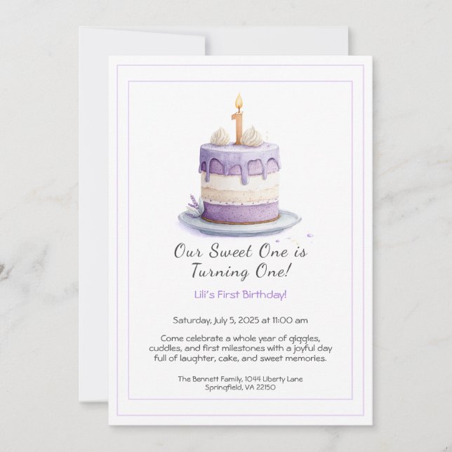 Aquarelle 1er Anniversaire Invitation avec Cake li (Devant)