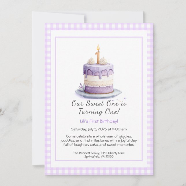 Aquarelle 1er Anniversaire Invitation avec Cake li (Devant)