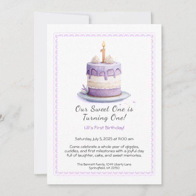 Aquarelle 1er Anniversaire Invitation avec Cake li (Devant)