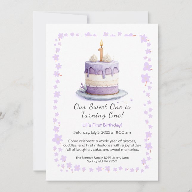 Aquarelle 1er Anniversaire Invitation avec Cake li (Devant)
