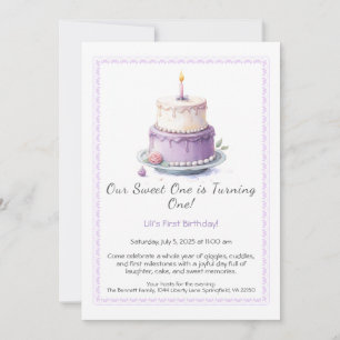 Aquarelle 1er anniversaire Invitation avec gâteau 