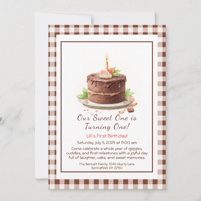 Aquarelle 1er anniversaire Invitation - Chocolat d (Devant)