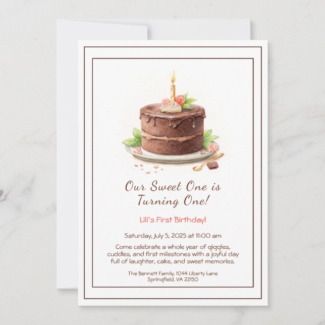 Aquarelle 1er anniversaire Invitation - Chocolat d (Devant)