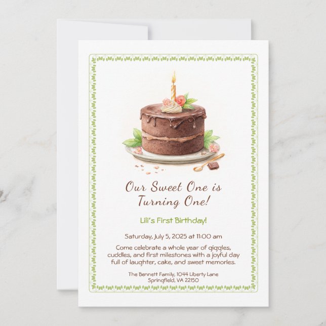 Aquarelle 1er anniversaire Invitation - Chocolat d (Devant)