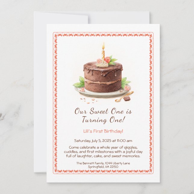 Aquarelle 1er anniversaire Invitation - Chocolat d (Devant)