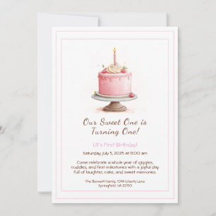 Aquarelle 1er anniversaire Invitation - Gâteau ros
